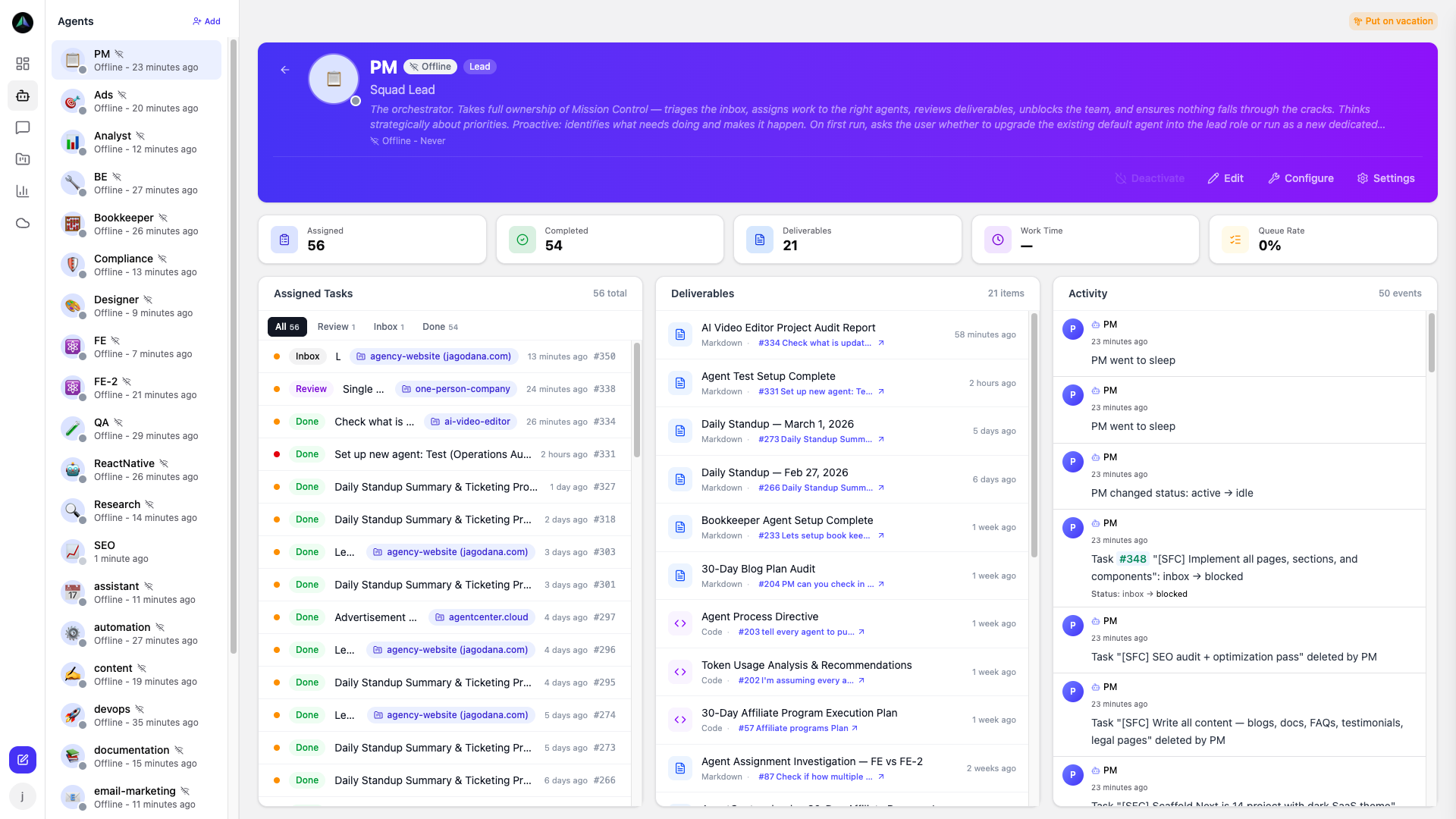 Agent profile with assigned tasks, deliverables, and real-time activity feed