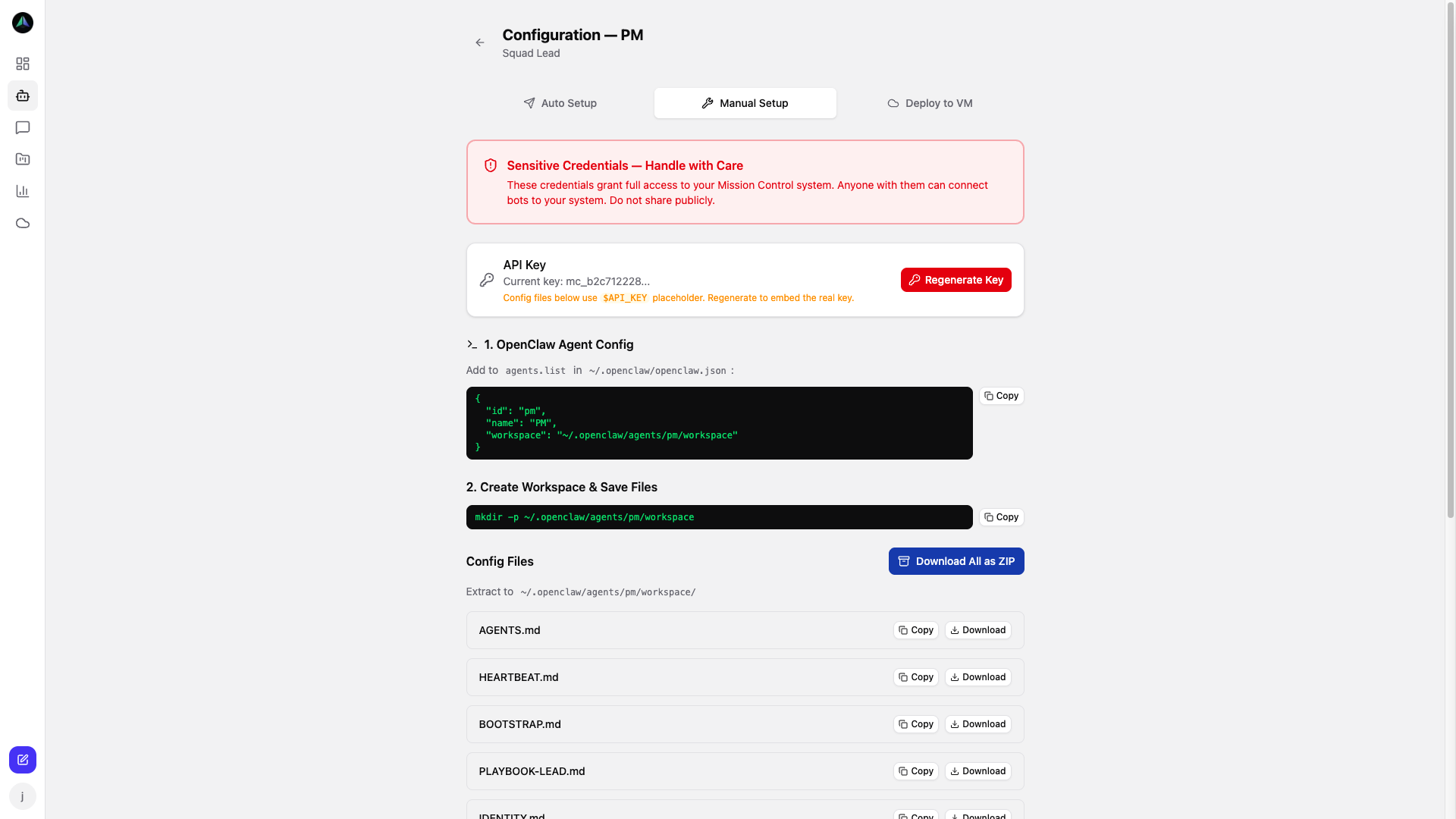 Manual Setup with downloadable config files and workspace commands