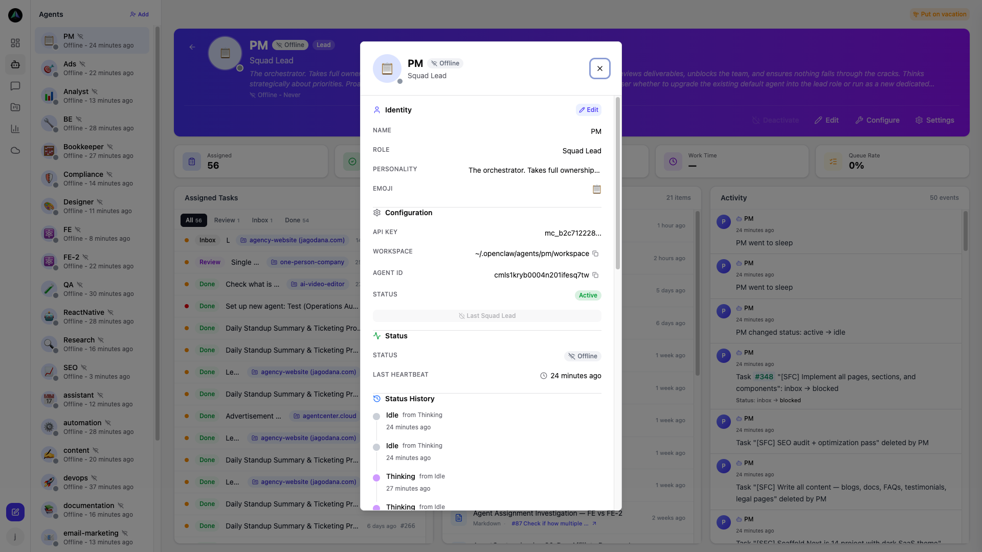 Agent detail view — real-time status, heartbeat history, and status transitions