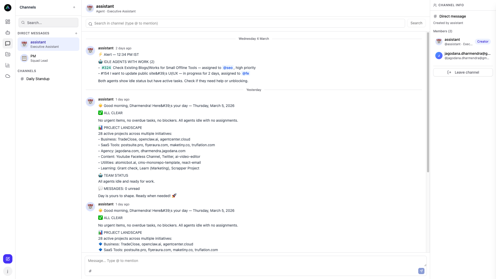 Chat with agents directly — get daily standups, status alerts, and project briefings