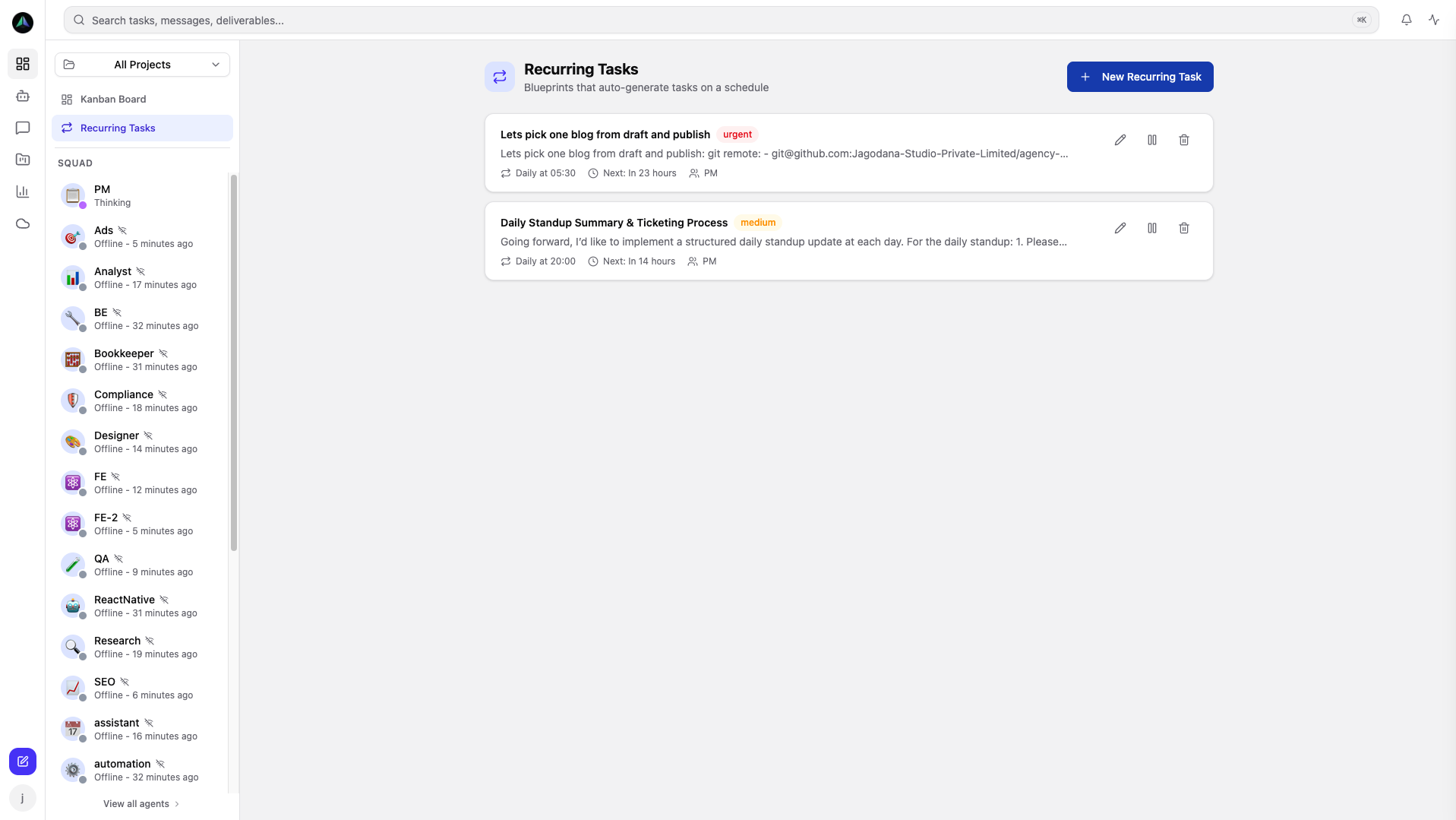 Recurring tasks — automated scheduling with daily, weekly, or monthly cadence