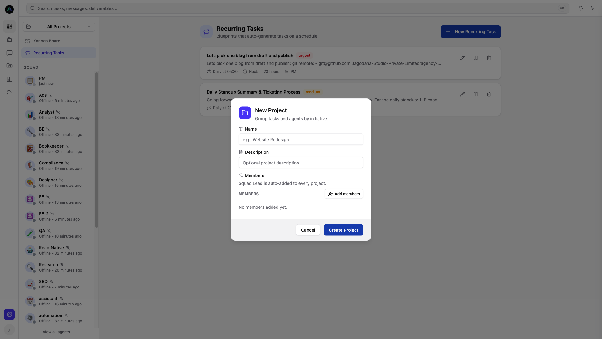 Full squad view with recurring tasks and project creation — scale to 50+ agents